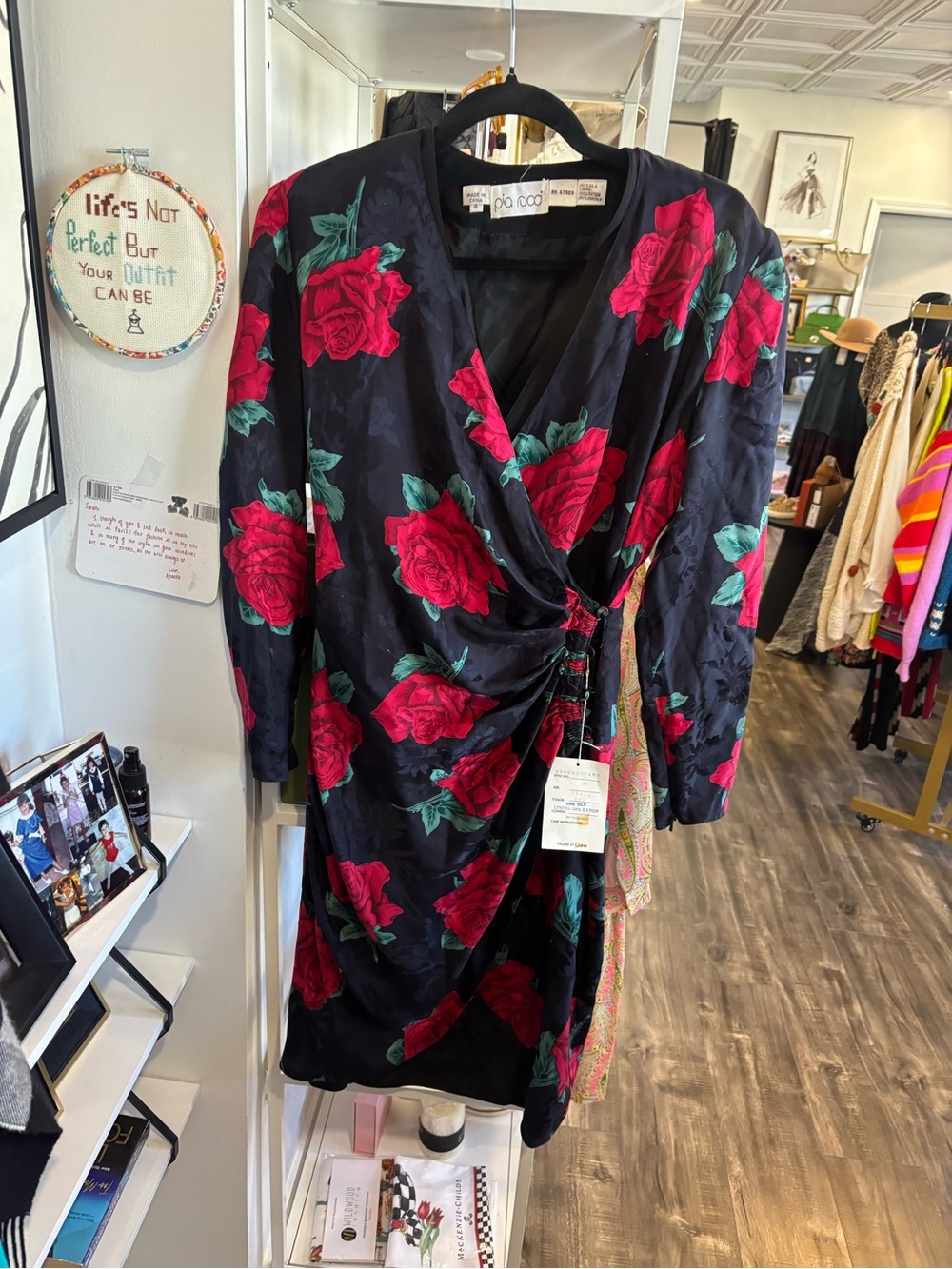 Vintage black Midi Wrap Dress with Red Rose Print